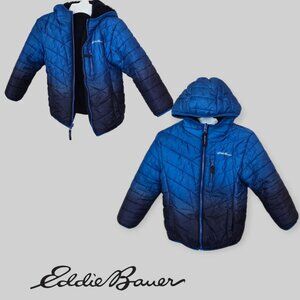 Eddie Buer Blue Reversible Coat Puffer Jacket Faux Fur  Hooded Kids XS 5-6